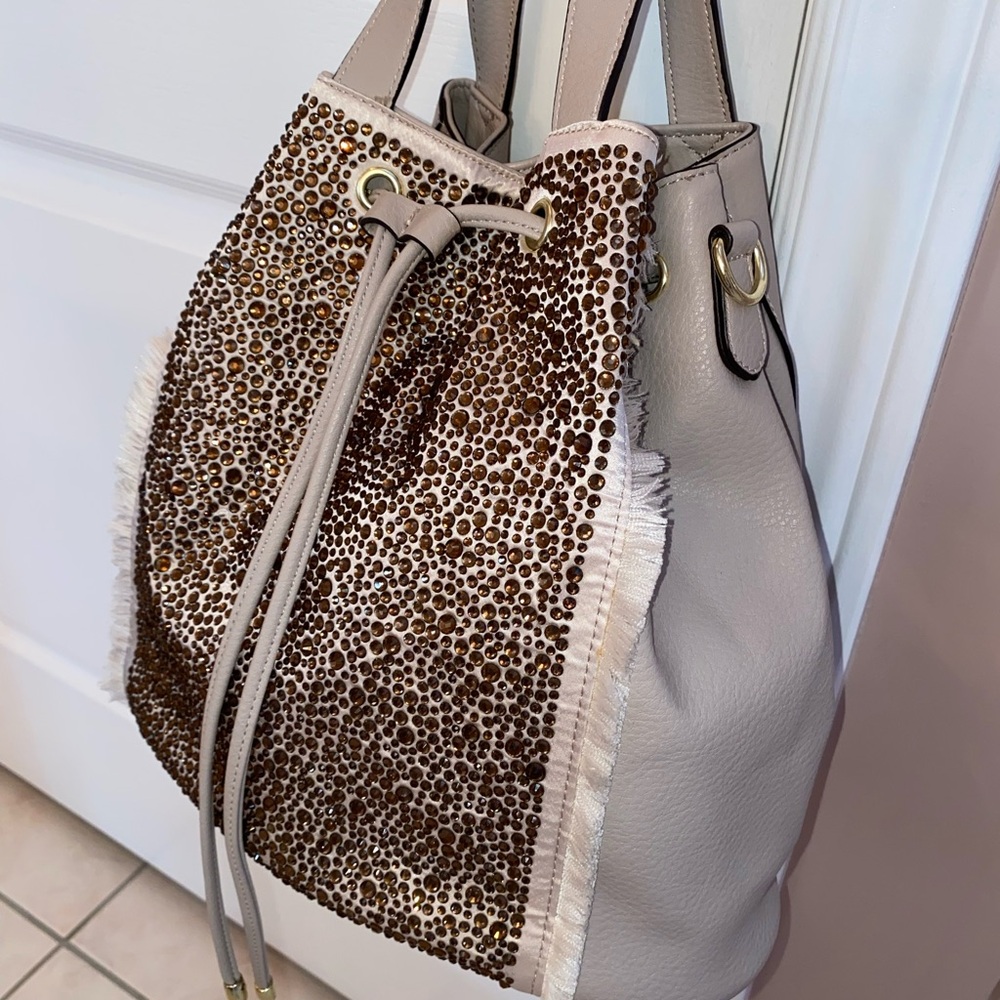 Max Studio Dusty Rose and Cream Sequin Shoulder Bag.